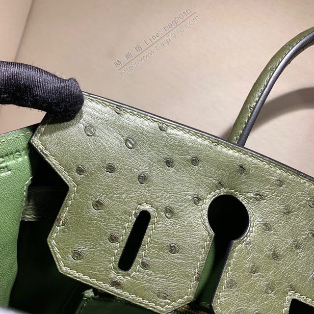 Hermes女包 愛馬仕Birkin30cm Hermes鉑金包 Ostrich鴕鳥皮 全手縫蠟線 67 Vert Fonce深綠色  am1898